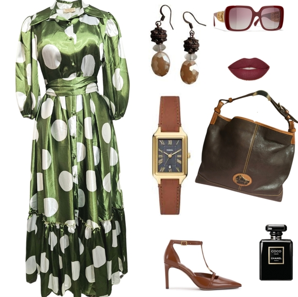 💯FREE SHIP - NWT - Olive & White Polka Dot Maxi Gown - Picture 1 of 2